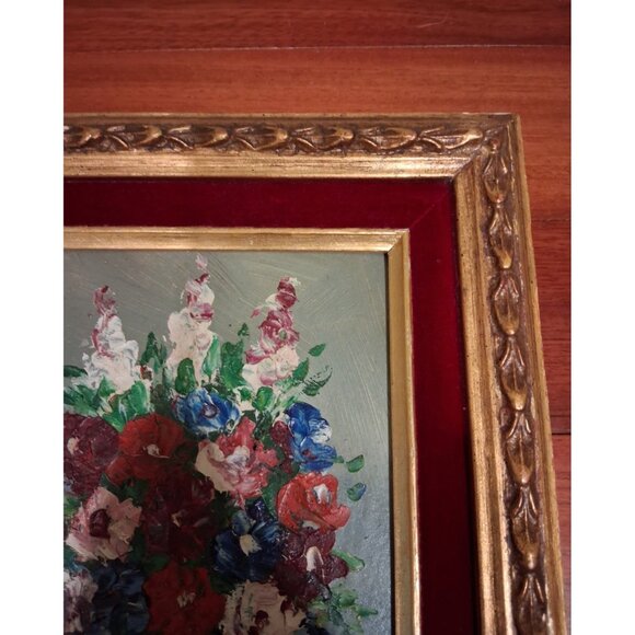 Original Oil Painting Floral Impressism Gold Framed Red Velvet Vintage 1970s - Picture 2 of 5